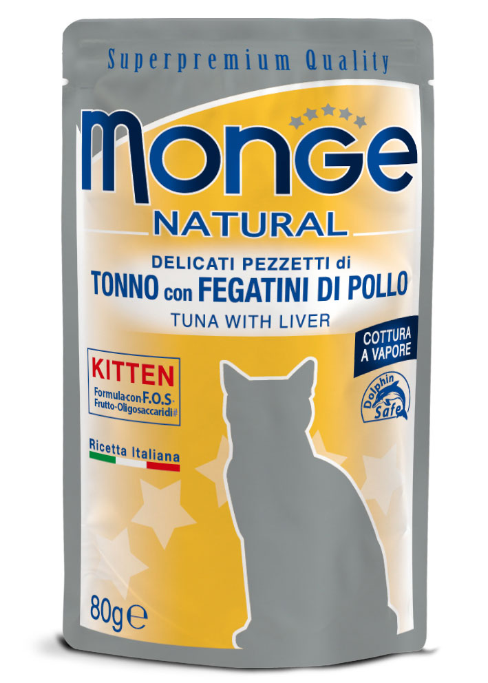 Monge Natural Pezzetti di Tonno e Fegatini di Pollo per Gattini - 80gr Monge Natural Pezzetti di Tonno e Fegatini di Pollo per Gattini - 80gr
